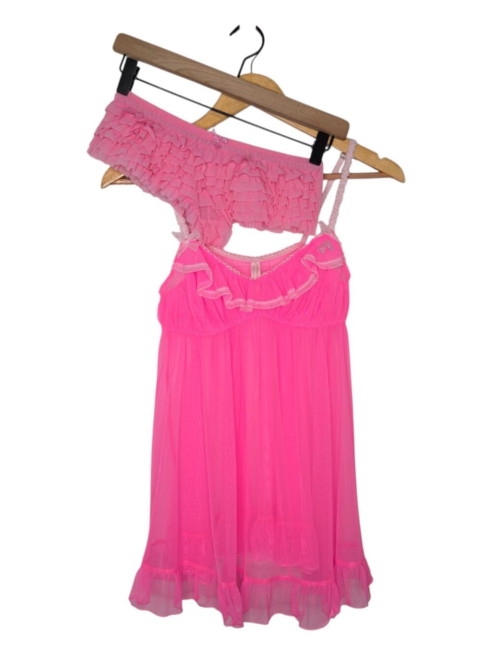 Victorias Secret Neon Pink Y2K Coquette Sheer Babydoll Ruffle Panty Set Medium
